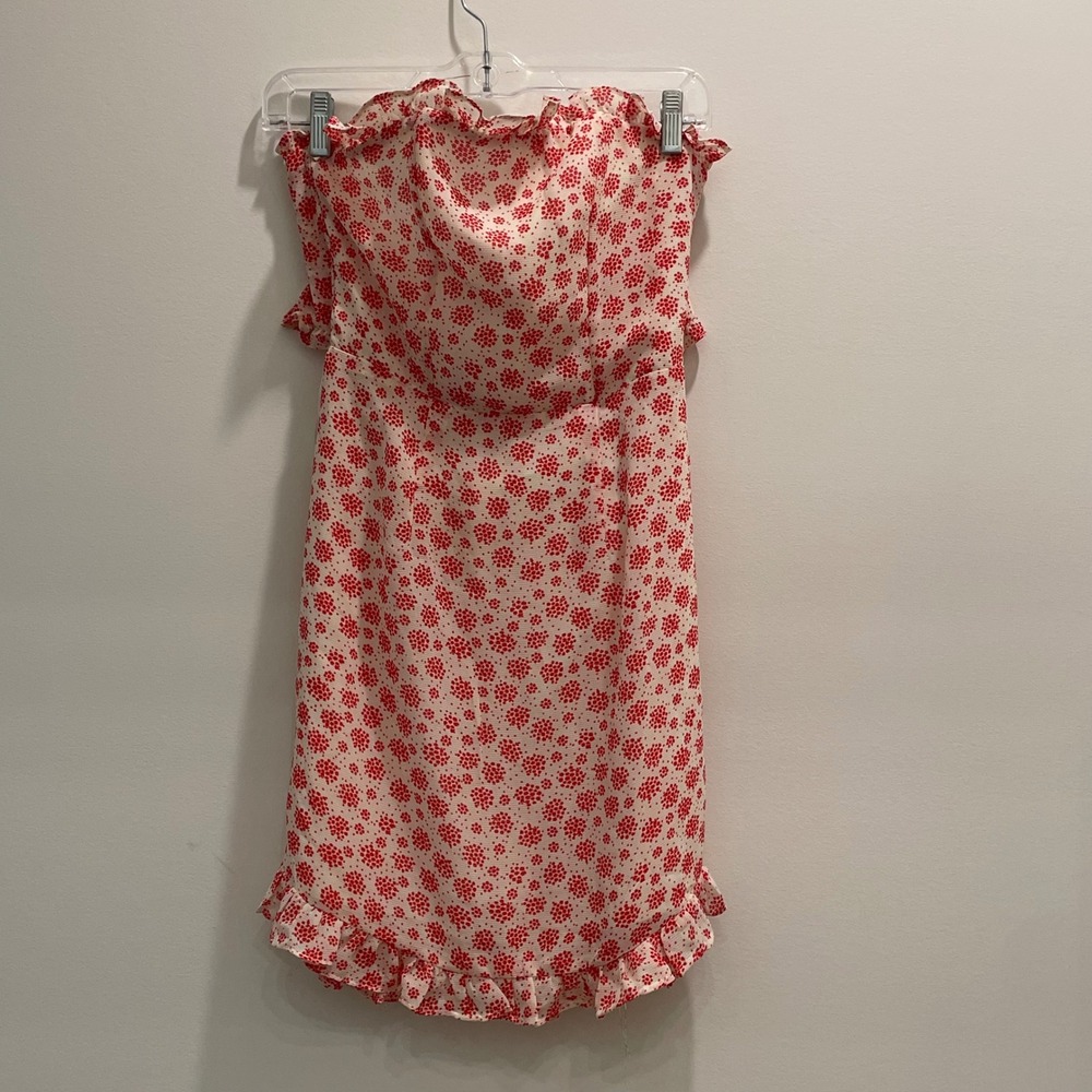 Blush Boutique Red Floral Strapless Mini Dress Ruffle Tie Back Cutout Womens XS‎